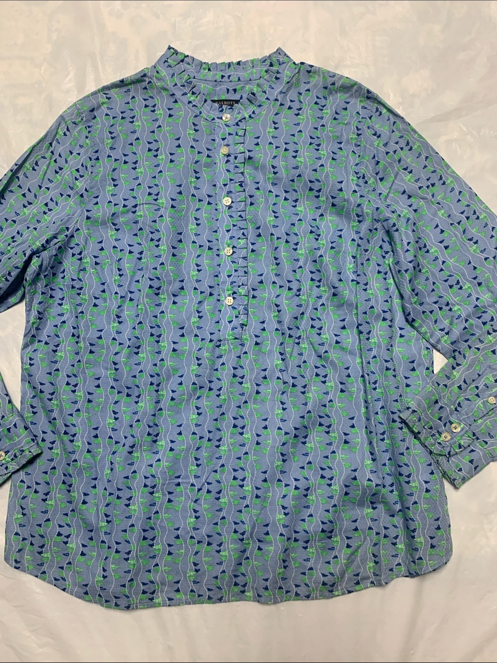 Talbots Blue Print Ruffle Neck Preppy Popover Blouse 100% Cotton Size LP